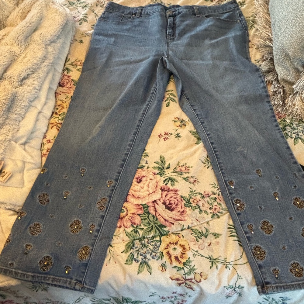 Chico's Blue Flare Jeans with Gold Accents
